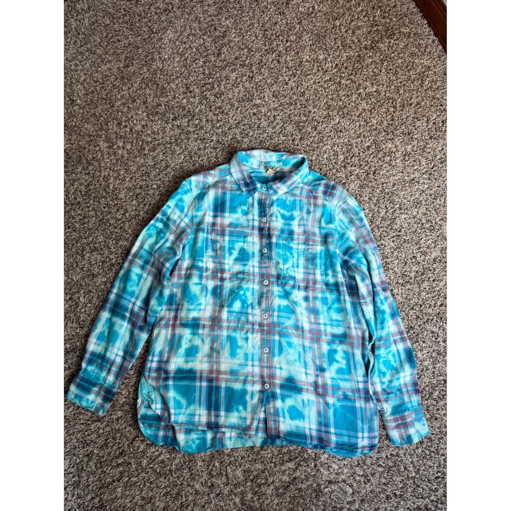Woolrich Womens XXL Blue Plaid Tie Dye Bleach Wash Flannel‎ Button Down Shirt